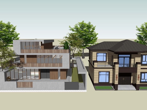 现代独栋别墅民宿农村自建房建筑外观外立su模型
