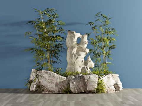  现代植物 盆栽 绿植 园林 竹子 假山 石头3d模型 