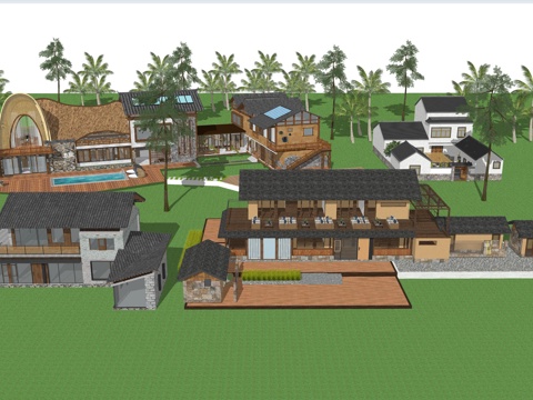 中式乡村田园民宿_农家土房客栈_美丽乡村农家乐su模型