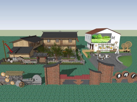  乡村墙面景墙su模型 