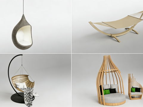 网红创意休闲椅 藤编吊椅 蛋形吊椅 鸟笼椅 帆布躺椅su模型