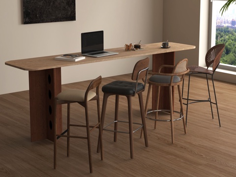  中古风咖啡厅吧台 吧椅 餐桌椅su模型 