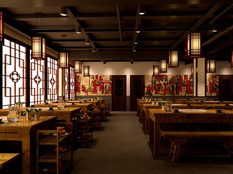 工业餐厅 火锅店 餐桌 灯笼 吊顶 管道3d模型 