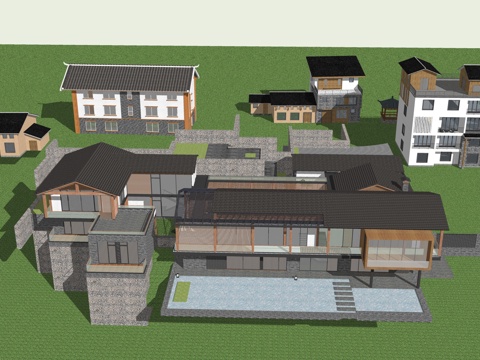 新中式民宿建筑su模型