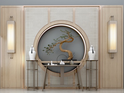  新中式端景台 花瓶摆件 壁灯 玄关柜 边柜 松树盆景 园3d模型 
