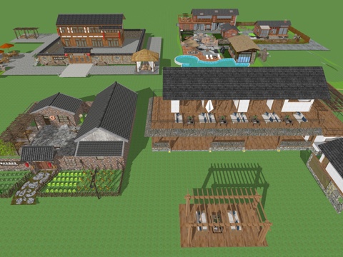  中式乡村田园民宿_农家土房客栈_美丽乡村农家乐su模型su模型 