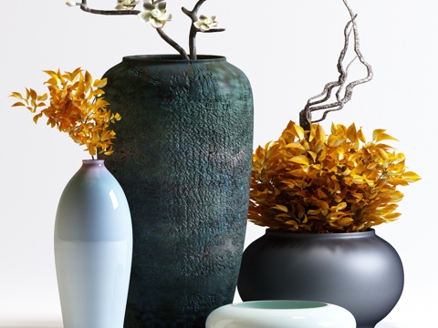  后现代陶瓷花瓶 青铜器 干枝3d模型 