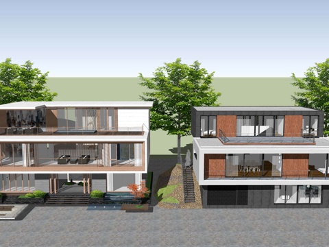 现代独栋别墅民宿农村自建房建筑外观外立su模型
