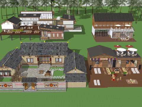 中式乡村田园民宿_农家土房客栈_美丽乡村农家乐su模型