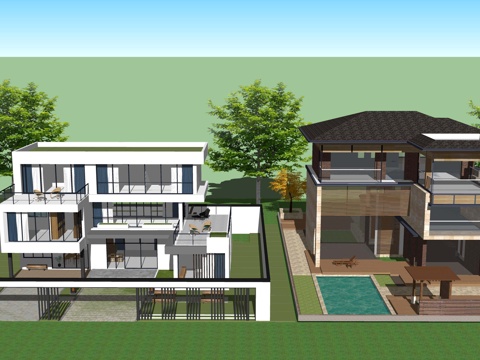 现代独栋别墅民宿农村自建房建筑外观外立su模型