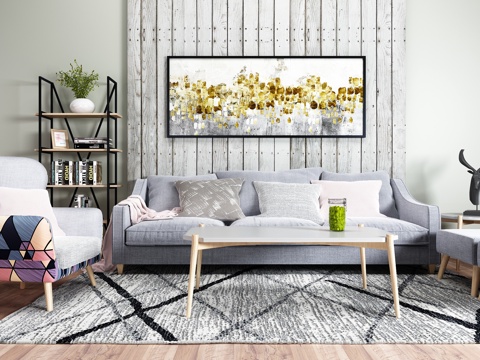  北欧组合沙发 挂画 书架 地毯 茶几 矮凳3d模型 