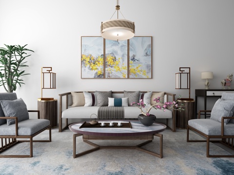  新中式沙发茶几 装饰画 摆件组合3D模型3d模型 