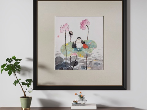  新中式，复古，中古，油墨，儿童，挂画3d模型 