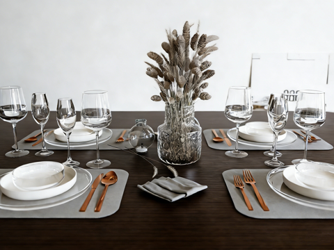 现代简约餐桌摆盘 金属刀叉 高脚杯 干花花瓶 餐垫su模型