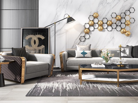  后现代沙发组合 落地灯 单人沙发 装饰墙3d模型 