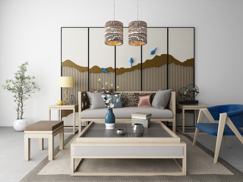  新中式沙发茶几 吊灯组合3D模型3d模型 