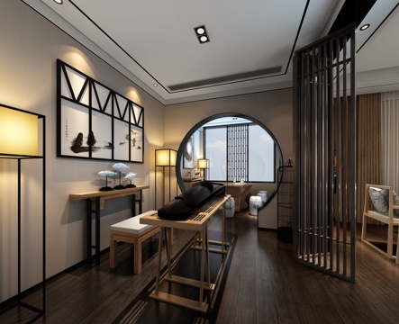  新中式茶艺琴室 茶桌椅 落地灯 古筝3d模型 