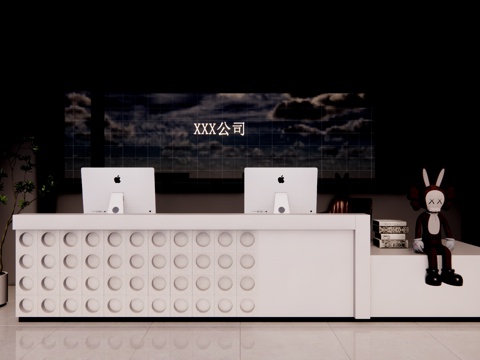  公司前台 电脑 办公空间 前台接待su模型 