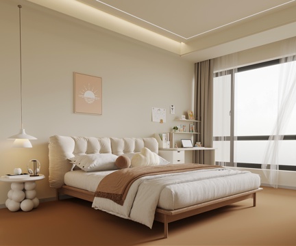  奶油风卧室3d模型 