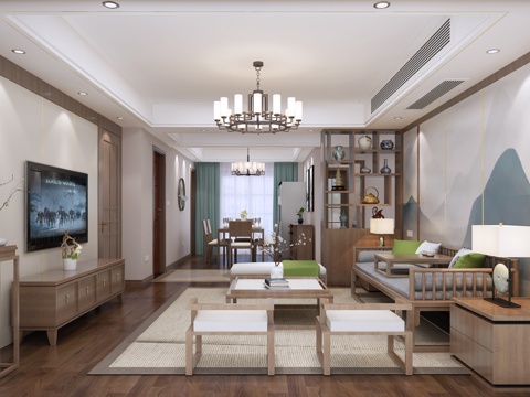  中式极简客厅 沙发 沙发茶几 餐桌椅 挂画 物件摆件 吊3d模型 