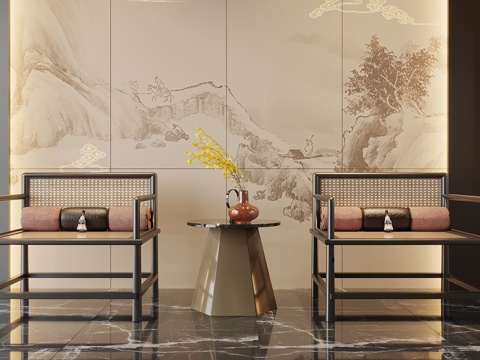 新中式休闲桌椅su模型