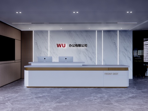  展厅 办公室 电脑 前台接待 工位su模型 