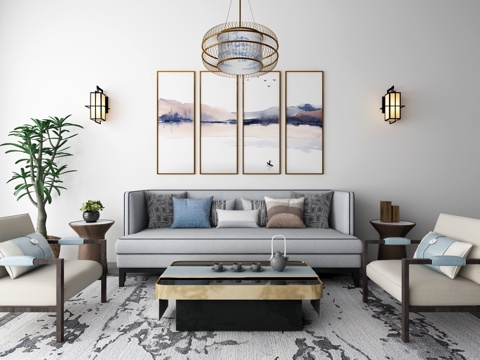  新中式沙发茶几 装饰画 吊灯 地毯组合3d模型 