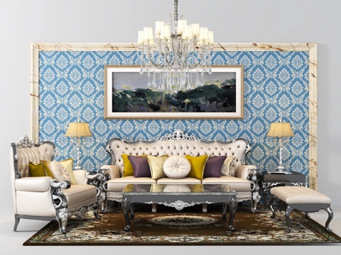  欧式简约双人沙法 茶几 休闲椅  吊灯 摆件 饰品  台灯3d模型 