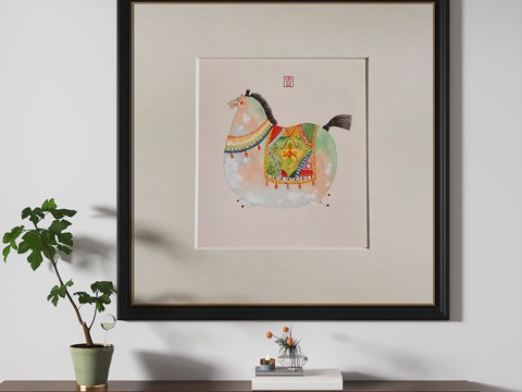  新中式，复古，中古，油墨，儿童，挂画3d模型 