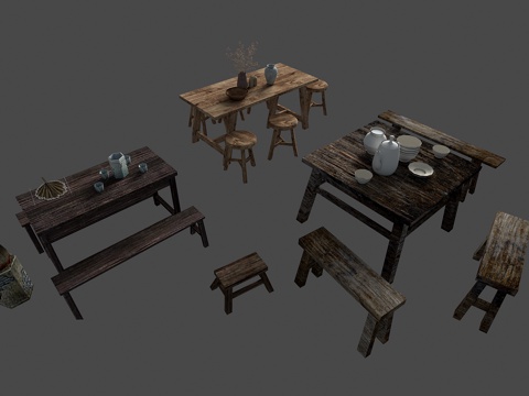  复古桌椅 凳子3d模型 