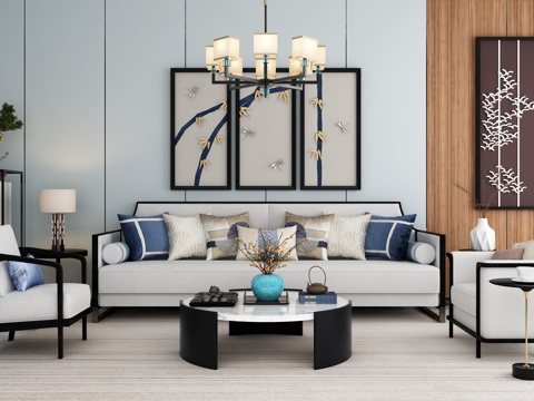  新中式沙发茶几 装饰画 吊灯 地毯组合3d模型 