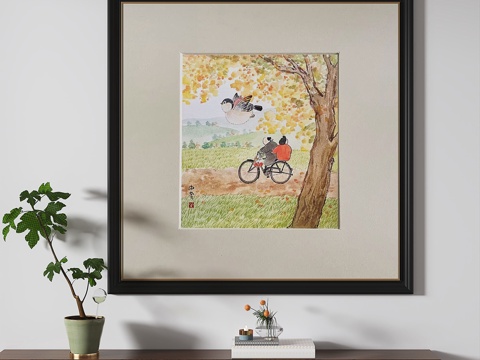  新中式，复古，中古，油墨，儿童，挂画3d模型 