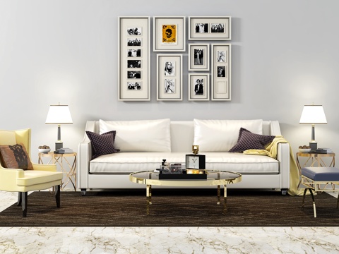  现代双人沙发 单椅 茶几 摆件 照片墙 台灯  休闲椅3d模型 