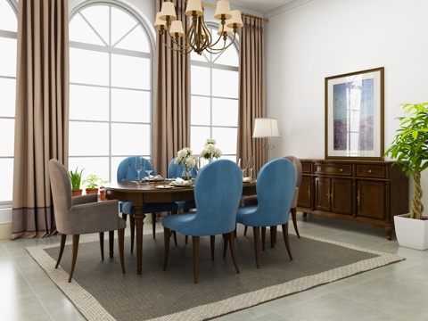  美式餐桌椅 餐边柜组合模型3d模型 