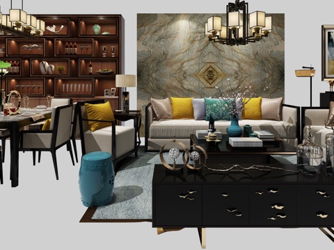  中式沙发餐桌组合3d模型 