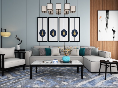  新中式沙发茶几装饰画吊灯地毯组合3d模型 