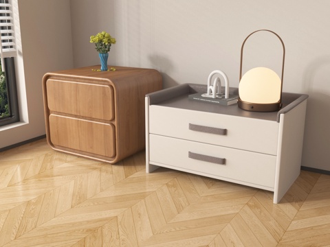  北欧奶油风床头柜 实木抽屉床头柜 摆件3d模型 