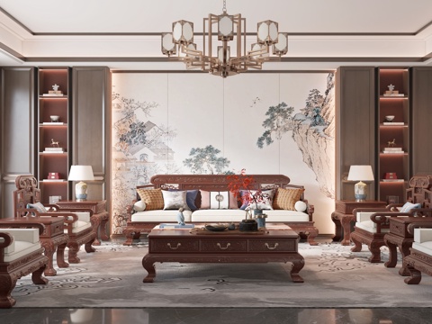  新中式客厅 客厅 实木沙发 中式沙发3d模型 