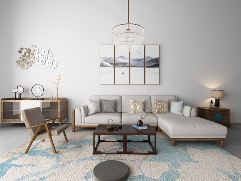  新中式沙发茶几 吊灯 装饰柜组合3D模型3d模型 