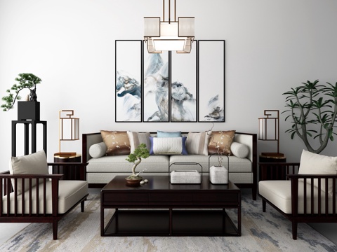  新中式沙发茶几 装饰画 吊灯 地毯组合3d模型 