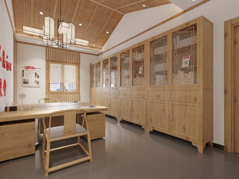  新中式 办公室 办公桌椅 书柜3D模型3d模型 