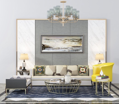  现代多人沙发 休闲椅  茶几 摆件 挂画 吊灯 背景墙3d模型 