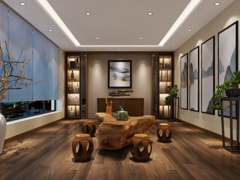  新中式茶室 茶台 挂画 置物架 背景墙 物件摆件3d模型 