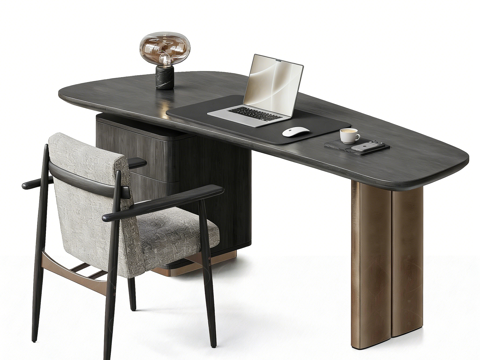 现代意式轻奢书桌椅 办公桌椅 台灯 电脑su模型