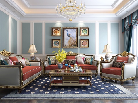  欧式古典客厅 沙发茶几 客厅 餐桌椅 沙发茶几 吊灯 桌3d模型 