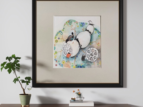  新中式，复古，中古，油墨，儿童，挂画3d模型 