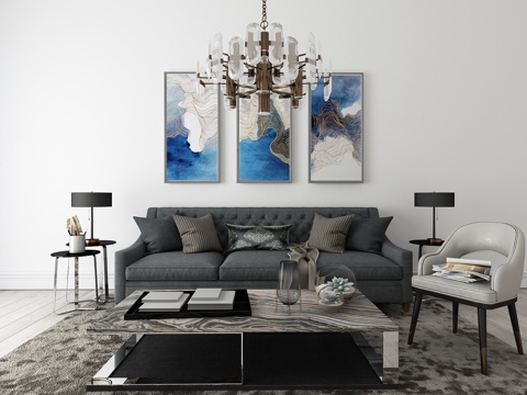  现代布艺多人沙发 休闲椅 茶几吊灯 装饰画组合3D模型3d模型 