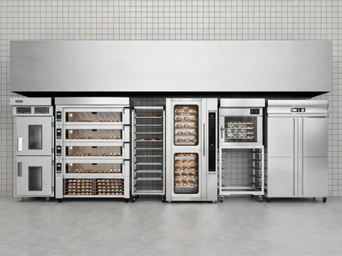  现代甜品面包店 面包店后厨设备 烤箱热风炉醒发箱 推车冷柜3d模型 