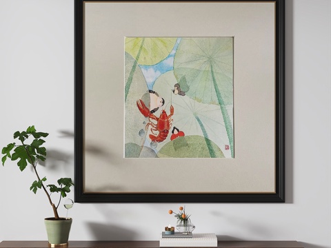  新中式，复古，中古，油墨，儿童，挂画3d模型 