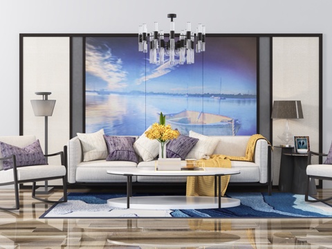  现代多人布艺沙发 单椅 背景 吊灯 地毯组合3d模型 